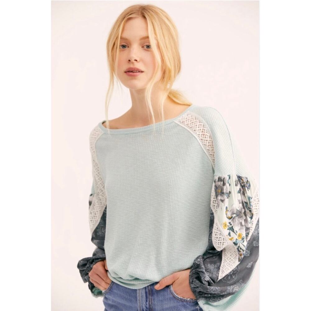 Free People | Women | Casual Clash Mint Mixed Media Balloon Sleeve Top | Small - Picture 13 of 13